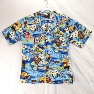 Vintage Palmwave Hawaiian Shirt Button Up Aloha Mens Size XL* Tropical Blue Uke